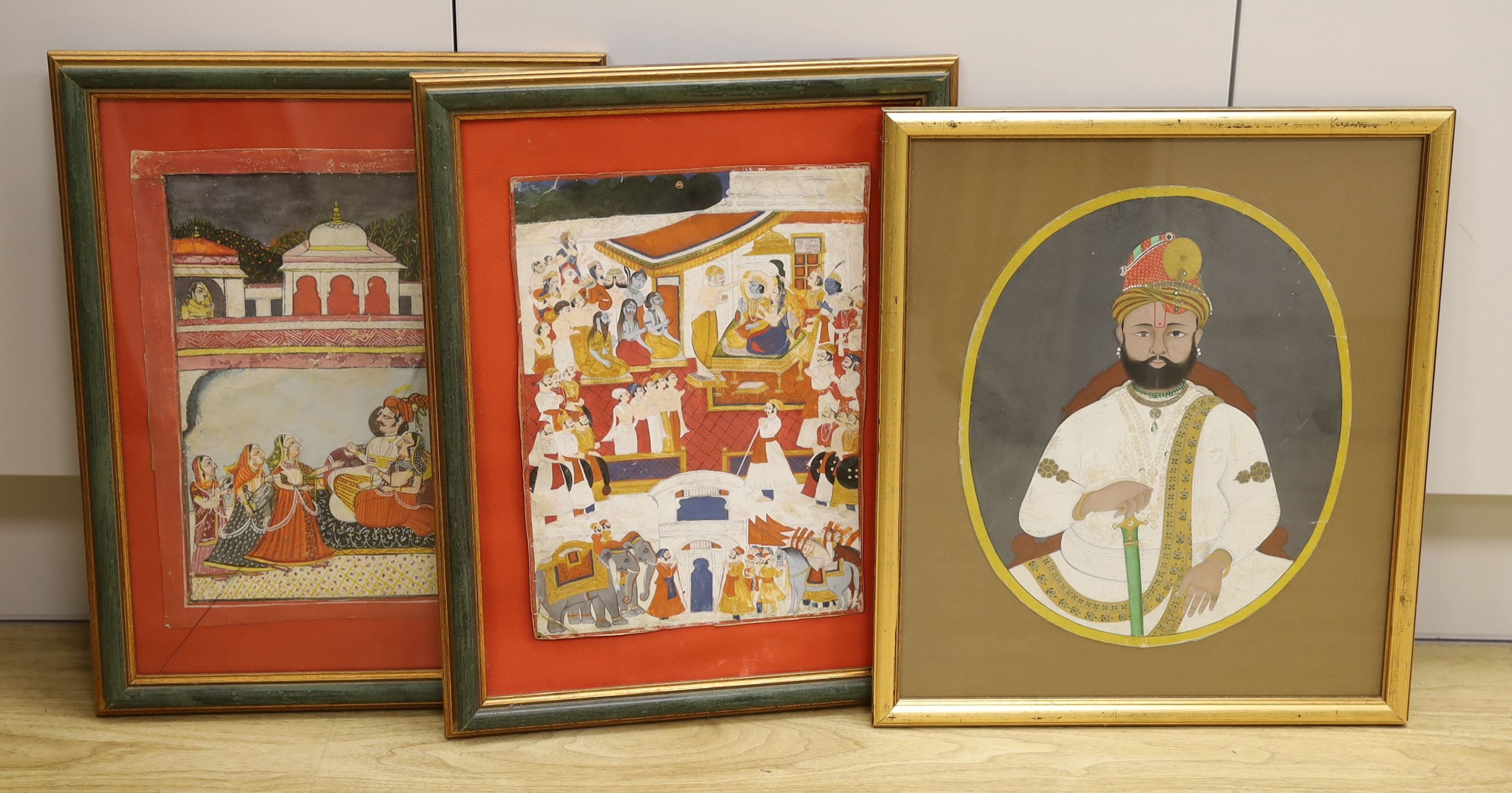 19th century Indian School, gouache on paper, Portrait of a noble man, 31 x 26cm, two studies of figures on terraces, 32 x 25cm and a smaller portrait, 18 x 12cm (4)